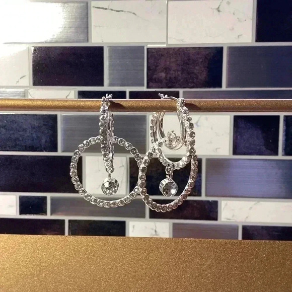 Bling Double Hoop Geometric Hollow Round Circle Dangle Earrings Silver Earrings - Picture 4 of 5